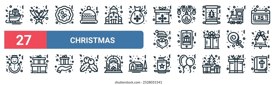 27 set of outline web christmas icons featuring christmas star, donut, christmas balls, phone, lollipop, present, coffee mug, bible vector thin line icons for ui, web design and mobile app.