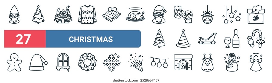 27 set of outline web christmas icons featuring christmas tree, cabin, gloves, party hat, wine, santa hat, christmas lights, angel vector thin line icons for ui, web design and mobile app.