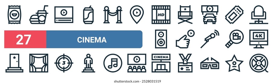 27 conjunto de iconos de cine de Web Video de contorno con comida chatarra, reproductor, silla de director, buen cine, búsqueda, pantalla, cine, Vector de carrete de película iconos de línea delgada para UI, Diseño web y App móvil.