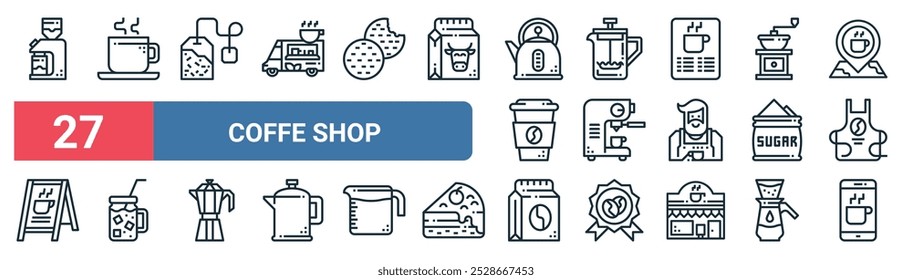 27 set of outline web coffe shop icons featuring coffee cup, tea bag, coffee maker, coffee maker, sugar, cold bag, mobile application vector thin line icons for ui, web design and mobile app.