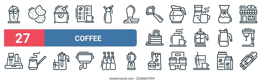 27 set of outline web coffee icons featuring cookie, coffee, coffee pot, hot pertor, turkish, pack, cinnamon vector thin line icons for ui, web design and mobile app.