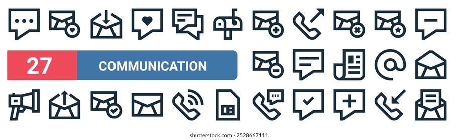 27 Satz von Umriss Web-Kommunikation Symbole mit Liebe, Download, ausgehenden Anruf, Chat, Arroba, Upload, Anruf, Mail Vektor dünne Linie Symbole für ui, Web-Design und mobile App.