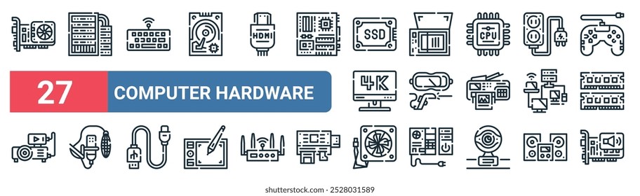 27 conjunto de iconos de hardware de computadora de Web de contorno con servidor, teclado, escáner, realidad virtual, red, micrófono, ventilador, Vector de tarjeta de sonido iconos de línea delgada para interfaz de usuario, Diseño web y App móvil.