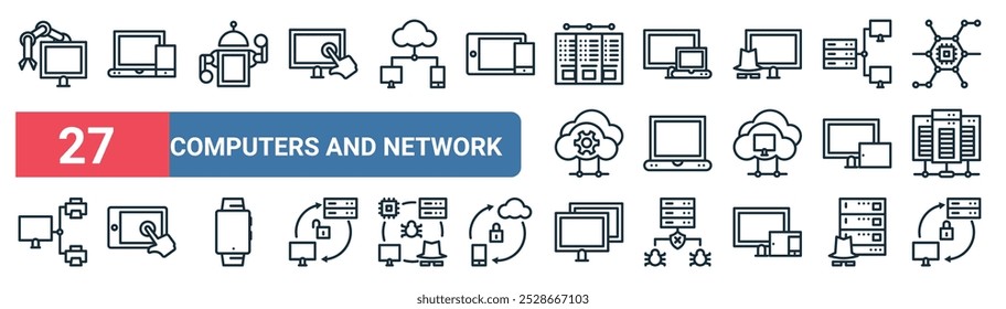 27 conjunto de delinear web computadores e ícones de rede com smartphone, robô, computador laptop, laptop, tablet de computador, tablet, tela, sincronização vetor de ícones de linha fina para ui, web design e