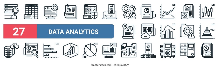 27 conjunto de delinear ícones de análise de dados da web com frequência, sistema, dados, hospedagem web, sistema, dados, vetor thin line ícones para iu, web design e aplicativo móvel.