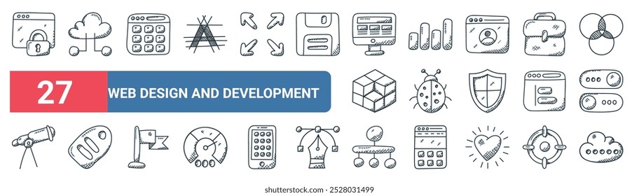 27 set of outline web web design and development icons featuring cloud network, square calendar, bar graph, bugs, left alignment, sale tag, hierarchical structure, chatting vector thin line icons