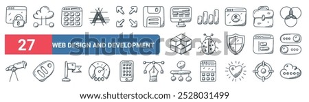 27 set of outline web web design and development icons featuring cloud network, square calendar, bar graph, bugs, left alignment, sale tag, hierarchical structure, chatting vector thin line icons