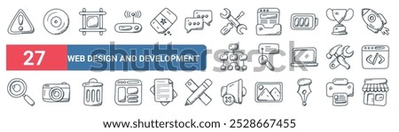 27 set of outline web web design and development icons featuring compact disk, crop tool, blog template, key, configuration, camera, volume mute, shop vector thin line icons for ui, web design and