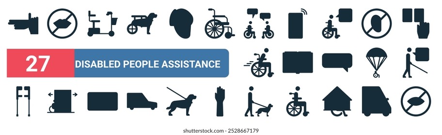 27 conjunto de iconos de asistencia de personas discapacitadas de Web de contorno con tontos, rueda, teléfono inteligente, braille, paracaídas, discapacitados, ciegos, ciegos, Vector delgado iconos de línea para UI, Diseño web y App móvil.