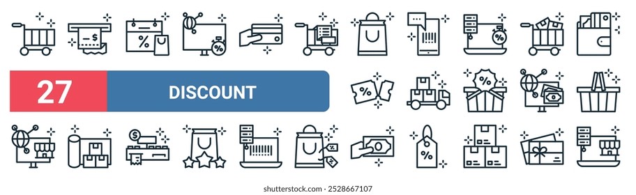 27 set of outline web discount icons featuring bill, calendar, barcode scan, delivery truck, online payment, wrapping, money, online shop vector thin line icons for ui, web design and mobile app.