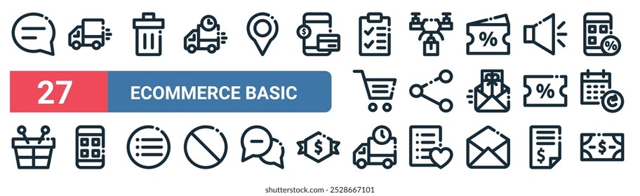 27 set of outline web ecommerce basic icons featuring fast delivery, delete, drone, share, discount, mobile app, delivery truck, cash vector thin line icons for ui, web design and mobile app.