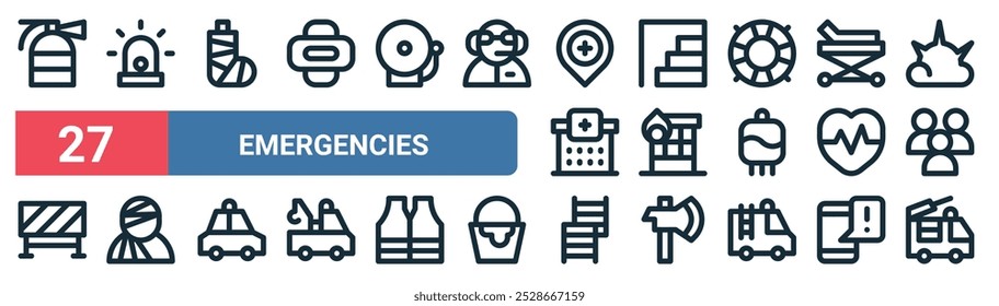 27 conjunto de iconos de emergencia de Web de contorno con sirena, pierna, salida de emergencia, edificio, latido del corazón, enfermo, emergencia, Vector de camiones de bomberos iconos de línea delgada para UI, Diseño web y App móvil.