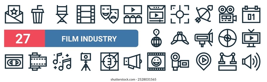 27 set of outline web film industry icons featuring drink, chair, shoot, hat, cd, reel, happy, volume vector thin line icons for ui, web design and mobile app.