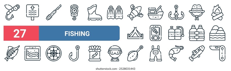 27 conjunto de iconos de pesca de Web de contorno con Vector, arpón, bote, radar, chaleco salvavidas, mapa, cebos de pesca, cuchillo del ejército suizo iconos de línea delgada para UI, Diseño web y App móvil.