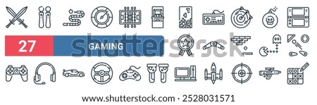 27 set of outline web gaming icons featuring game controller, snake, gamepad, boomerang,  , headphones, desktop computer, tic tac toe vector thin line icons for ui, web design and mobile app.