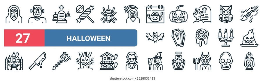 27 conjunto de iconos de Halloween de Web de contorno con Frankenstein, cementerio, calabaza, ataúd, candelabro, cuchillo, bruja, Vector de linterna iconos de línea delgada para UI, Diseño web y App móvil.