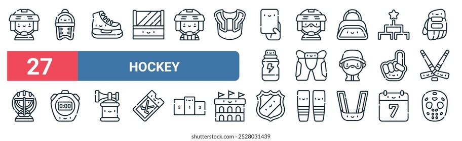 27 set of outline web hockey icons featuring shin guards, ice skates, hockey player, hockey, hand, chronometer, shield, mask vector thin line icons for ui, web design and mobile app.