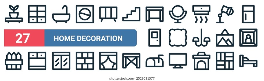 27 conjunto de iconos de Web de contorno de decoración para el hogar con estantería, bañera, espejo de mano, almohada, foto, armario, buzón, Vector de cama, iconos de línea delgada para UI, Diseño web y App móvil.