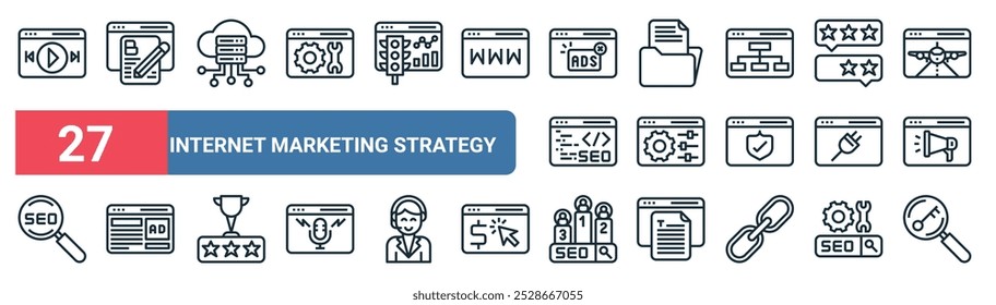 27 set of outline web internet marketing strategy icons featuring blogging, server, archive, web management, plugins, advertising, pagerank, keywording vector thin line icons for ui, web design and