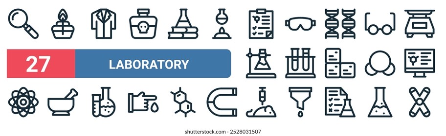 27 conjunto de iconos de laboratorio de Web de contorno con quemador Bunsen, capa de laboratorio, gafas, tubo de ensayo, molécula, mortero, ratón, Vector de cromosoma iconos de línea delgada para UI, Diseño web y App móvil.