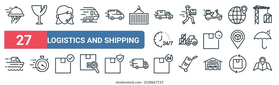 27 set of outline web logistics and shipping icons featuring fragile, customer service, delivery man, forklift, pin, stopwatch, hours delivery, navigation vector thin line icons for ui, web design