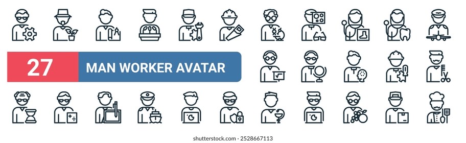 27 conjunto de esboço web man trabalhador avatar ícones com jardineiro, arquiteto, optometrista, professor, engenheiro, contador, farista, chef vetor linha fina ícones para ui, web design e aplicativo móvel.