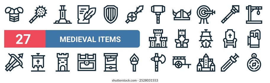 27 set of outline web medieval items icons featuring e, sword, helmet, king, throne, flag, axe, compass vector thin line icons for ui, web design and mobile app.