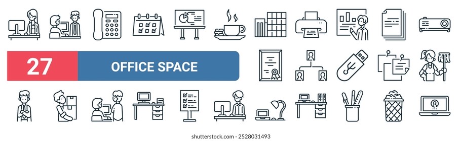 27 set of outline web office space icons featuring conversation, telephone, printer, hierarchy, reminder, re, desk, laptop vector thin line icons for ui, web design and mobile app.