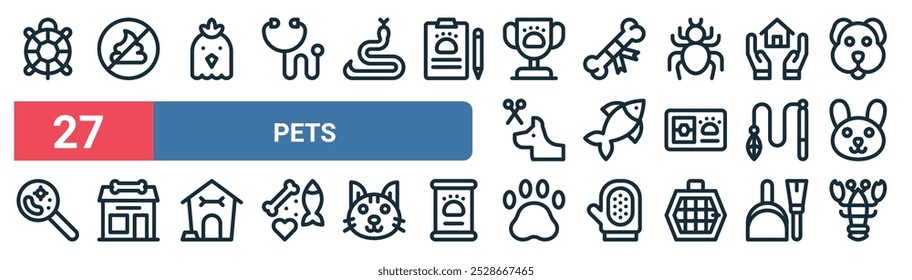 27 conjunto de contorno web animais de estimação ícones com sem poop, galinha, osso, goldfish, gato brinquedo, pet shop, impressão de pata, lagosta vetor fino linha ícones para ui, web design e aplicativo móvel.