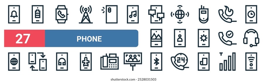 27 conjunto de ícones de telefone web com destaque smartphone, smartwatch, em todo o mundo, smartphone, telefone, telefone, , wifi vetor de linha fina ícones para ui, web design e aplicativo móvel.