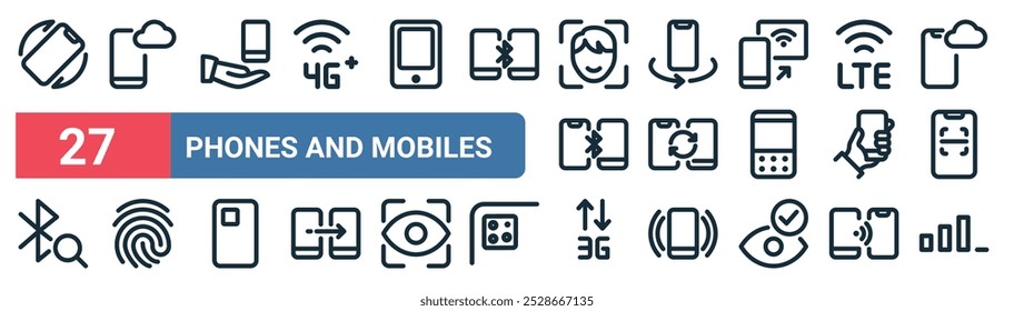 27 set of outline web phones and mobiles icons featuring mobile cloud, smartphone, keyboard, transfer, smartphone, fingerprint, g,   vector thin line icons for ui, web design and mobile app.