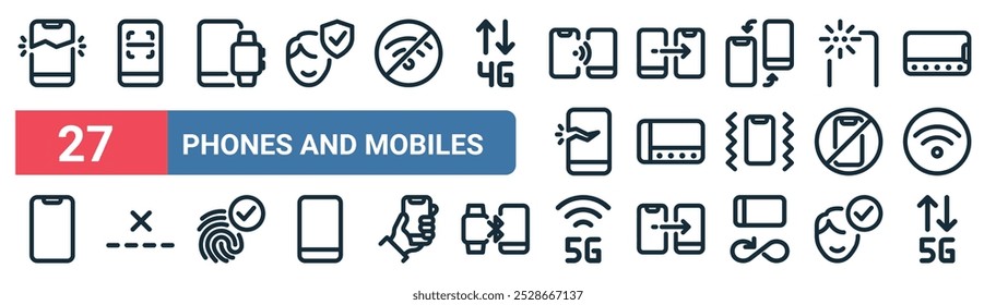 27 set of outline web phones and mobiles icons featuring smartphone, devices, transfer, landscape mode, smartphone, no, g, g vector thin line icons for ui, web design and mobile app.