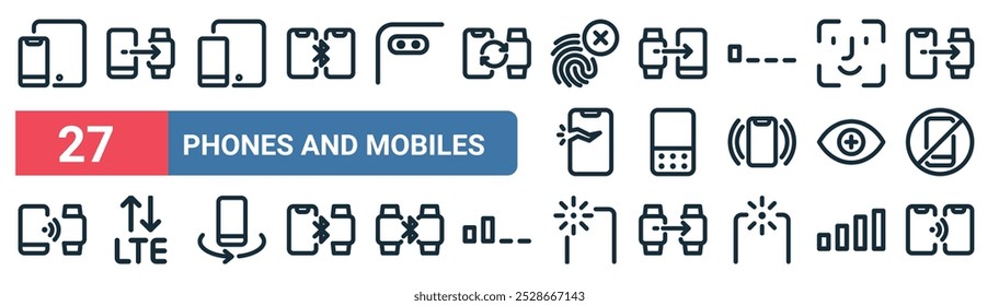 27 set of outline web phones and mobiles icons featuring transfer, smartphone, connection, keyboard, eye scanner, lte, back camera, connectivity vector thin line icons for ui, web design and mobile