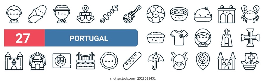 27 set of outline web portugal icons featuring corn, portuguese, gazpacho, jersey, cross, windmill, umbrella, caravel vector thin line icons for ui, web design and mobile app.