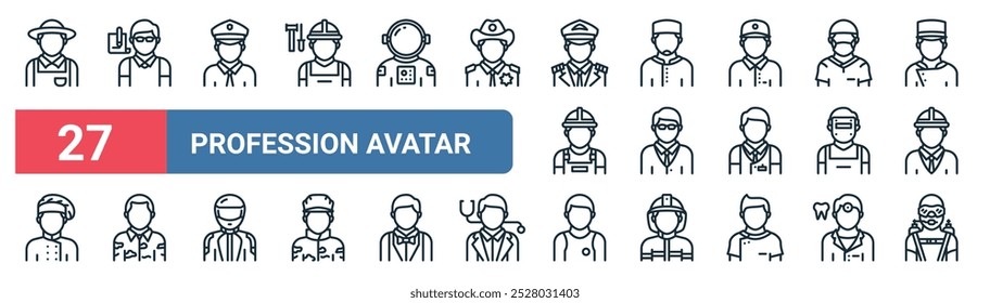 27 conjunto de iconos de avatar de profesión de Web de contorno con periodista, policía, moslem, profesor, soldador, soldado, athelete, Vector de buceo iconos de línea delgada para UI, Diseño web y App móvil.