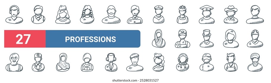 27 set of outline web professions icons featuring manager, stewardess, cyclist, delivery boy, personal assistant, doctor, air hostess, muslim vector thin line icons for ui, web design and mobile