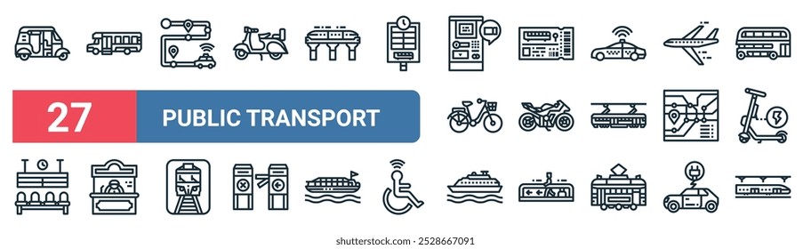 27 conjunto de delinear web ícones de transporte público com minibus, , bilhete de trem, moto, rota, bilheteria, balsa, vetor de metrô linha fina ícones para ui, web design e aplicativo móvel.