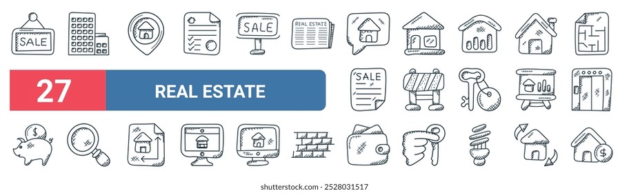 27 set of outline web real estate icons featuring city building, home address, house, barrier, real, magnifier, wallet, house value vector thin line icons for ui, web design and mobile app.