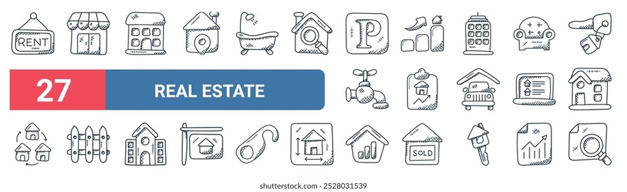27 set of outline web real estate icons featuring supermarket, villa, house value, house value, real estate, picket fence, house value, list search vector thin line icons for ui, web design and