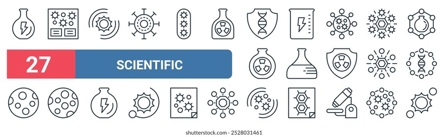 27 conjunto de iconos científicos del Web del esquema que presentan el laboratorio, la energía cinética, la química, el frasco, molecular, la luna, la fotosíntesis, los iconos finos de la línea del Vector de la astronomía para la UI, el Diseño web y el App móvil.