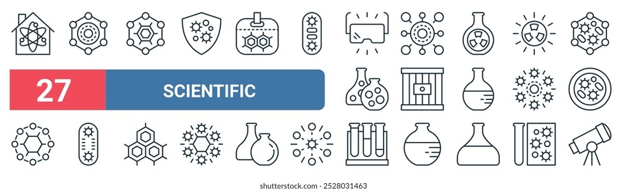 27 conjunto de iconos científicos del Web del esquema que presentan la física, celular, célula, jaula, celular, germen, prueba, Vector del telescopio iconos de línea delgada para la interfaz de usuario, el Diseño web y el App móvil.