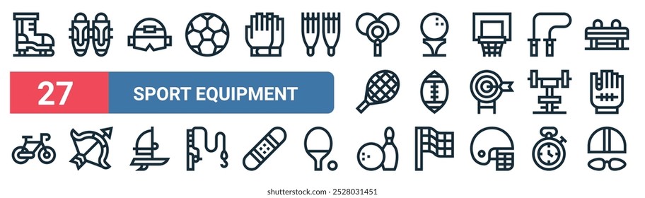 27 set of outline web sport equipment icons featuring leg guard, helmet, golf, american football, gym, archery, bowling, swimming vector thin line icons for ui, web design and mobile app.