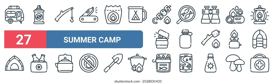 27 Satz von Umrissen Web-Sommercamp-Symbole mit Anti-Bug, Angelrute, Pfanne, Flasche, Campinggas, Kühlschrank, Dosenfutter, Erste-Hilfe-Kit Vektor dünne Linie Symbole für ui, Web-Design und mobile App.