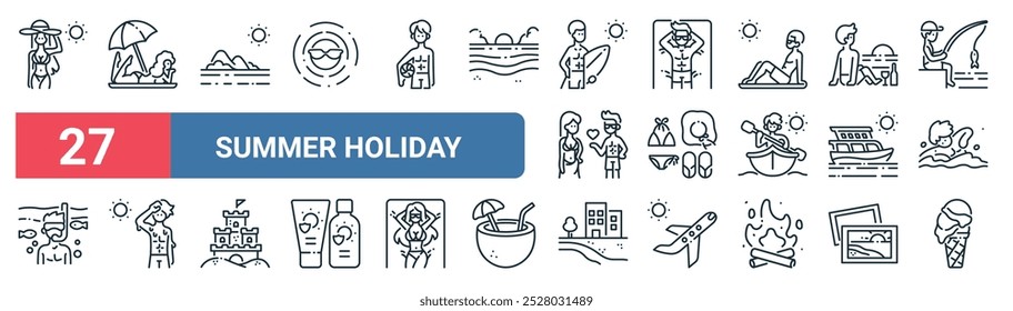 27 set of outline web summer holiday icons featuring sunbathing, island, sunbathing, outfit, yacht, sweating, beach, ice cream vector thin line icons for ui, web design and mobile app.