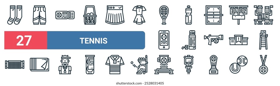 27 set of outline web tennis icons featuring pants, ticket, bottle, supplement, podium, towel, championship, medal vector thin line icons for ui, web design and mobile app.