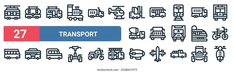 27 conjunto de delinear ícones de transporte web com vagão tanque, caravana, ônibus, trem, ônibus, zeppelin, scooter vetor linha fina ícones para ui, web design e aplicativo móvel.