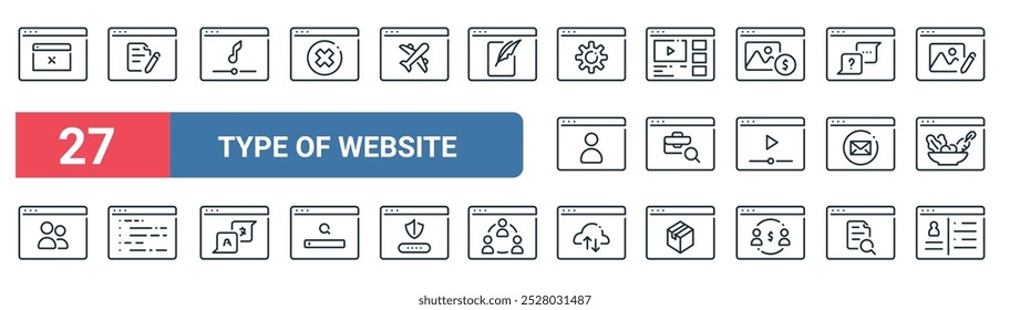 27 conjunto de esboço tipo web de ícones do site com documento, música, streaming, trabalho, e-mail, codificação, armazenamento em nuvem, vetor portfólio de ícones de linha fina para ui, web design e aplicativo móvel.