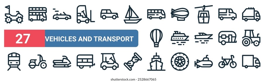 27 conjunto de vehículos de Web de contorno e íconos de transporte con autobús de dos pisos, convertible, zepelín, crucero, roulotte, scooter, crucero, Vector de camiones íconos de línea delgada para UI, Diseño web y móvil