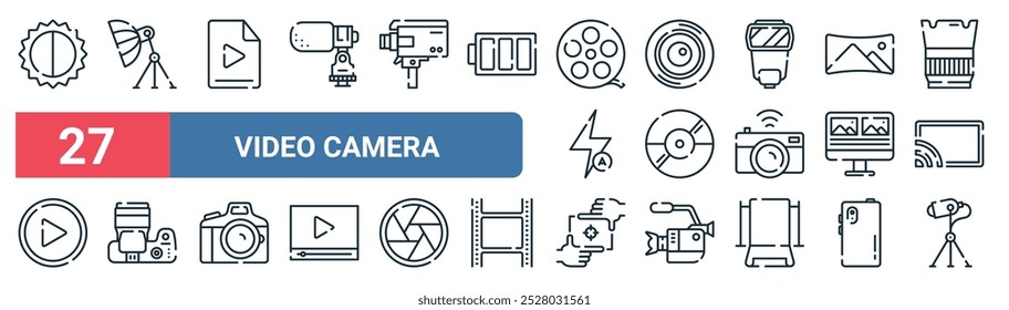 27 set of outline web video camera icons featuring umbrella, video file, lens, dvd, video editing, camera, focus, spotlight vector thin line icons for ui, web design and mobile app.