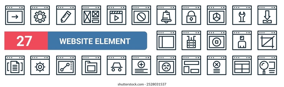 27 conjunto de delinear web web website ícones de elementos com engrenagem, gráfico de, bloqueio, armazenamento de servidor, avatar, navegador, erro, vetor de busca linha fina ícones para ui, web design e aplicativo móvel.